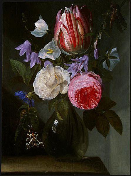 Jan Philip van Thielen Roses and a Tulip in a Glass Vase.